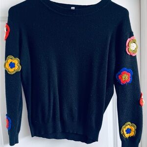 Anthropologie Floral Embellished Black Sweater